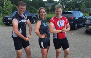 Jonathan, left, shows off his now permanent tan lines with riders Sarah and Tyler.